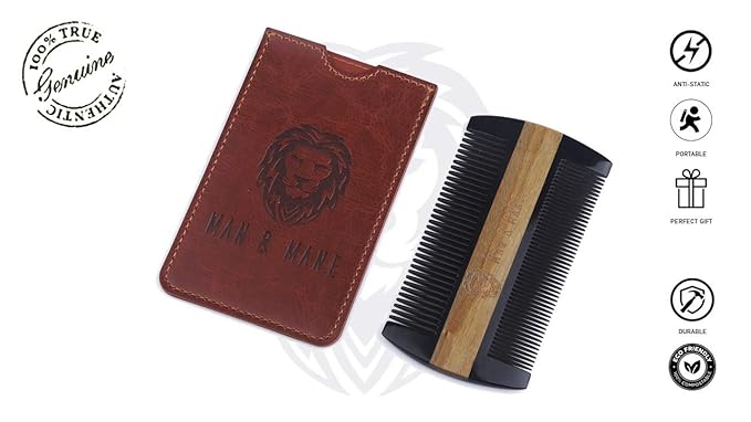 Premium Natural Ox horn and Sandalwood Beard Comb Dual-Action | Double Sided Beard &amp Mustache Comb with Brown Protective Case | Perfect Grooming Companion &amp Gift for Men – by Man &amp Mane
