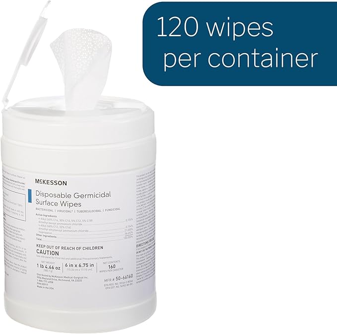 McKesson Germicidal Wipes [480 Count] Disinfecting Wipes Alcohol Cleaning Disinfectant Wipes Hospital Grade Multi-Surface Wipes 160 Wipes 3 Pack