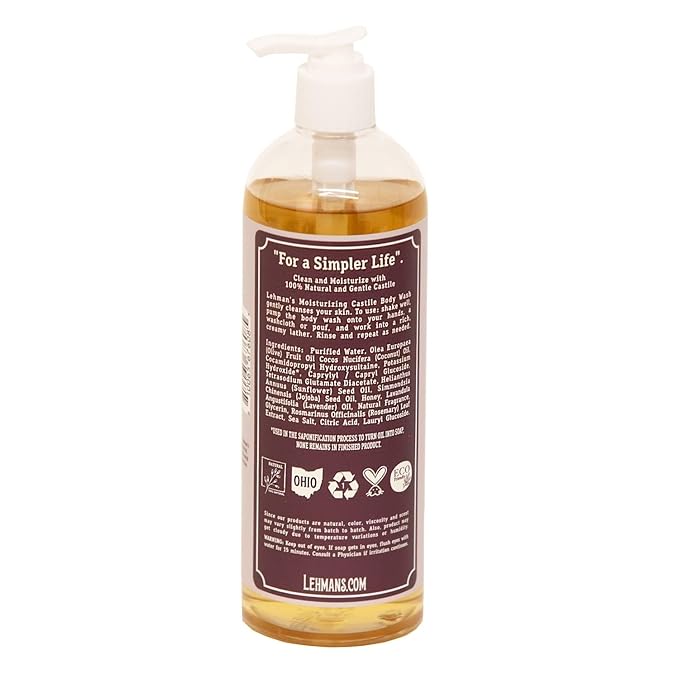 Lehman's Castile Moisturizing Body Wash All Natural Liquid Soap Gently Cleanses Hands Body and Hair 16 fl oz Lavender