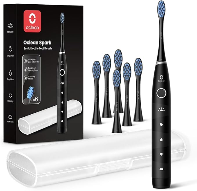 Oclean Electric Toothbrush for Adults 150 Days Battery Life Electric Toothbrush USB Rechargeable Sonic Travel Toothbrush with 6 Brush Heads &amp Travel Case 5 Modes and Smart Timer