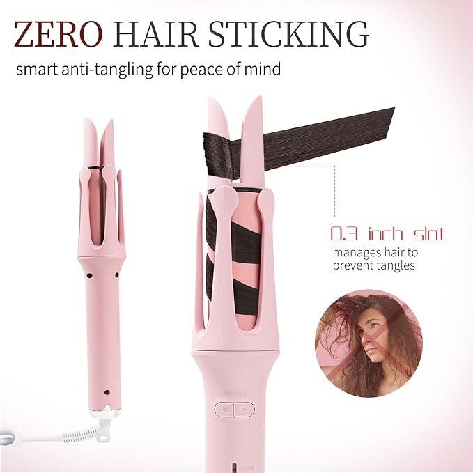 Automatic Rotating Curling Iron with 4 Temperature - Beach Waves Curling Wand Portable Hair Curler Dual Voltage &amp Lightweight for Travel Automatic Shut-Off Anti-Scald-Pink