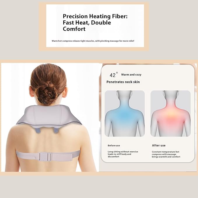 6D Massage Shoulder Wrap with Heat - Kneading Shiatsu Neck and Back Massager for Pain Relief - Suitable for Men and Women (Gray Blue Border USB+Pinch+Hot Compress+Timing)