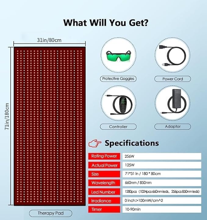 Red Light Therapy Large Mat Blanket 1280pcs LED Beads 660nm 850nm 71x31 Inch Red Infrared for Full Body Parts Relief at Once