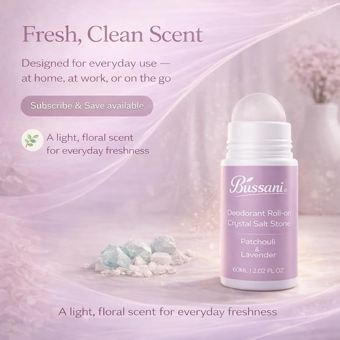 Bussani Women's Roll-On Deodorant | Salt Stone Formula Long-Lasting &amp Aluminum-Free | 24-Hour Odor Protection | Gifts for Her ֻ| Fragrance: Lavender Patchouli Scent 2.02 fl oz Pack of 3