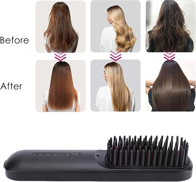 Yoidesu Cordless Hair Straightener BrushPortable Hair Straightener Comb with Negative Ion for Smoothing MCH Heating 3 Temperature Settings 6000mAh Rechargeable (Black)