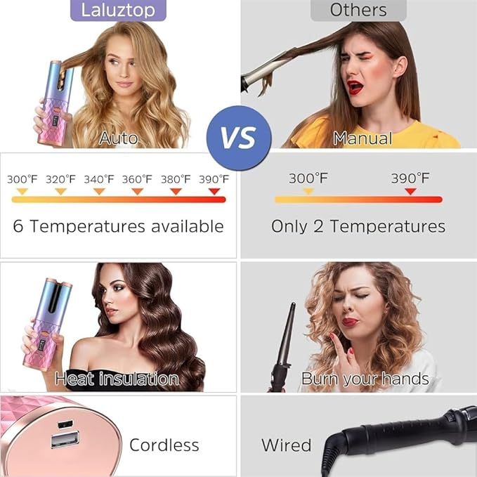 Cordless Auto Hair Curler Ceramic Rotating Hair Curler with 6 Temps &amp Timers Portable Rechargeable Curling Wand Auto Shut-Off Fast Heating Iron for Styling (Color : Black)