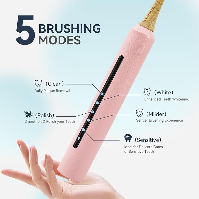 Bamboo Electric Toothbrush for Adults丨Rechargeable Electric Toothbrush with 3 Non Toxic Charcoal Infused Bamboo Brush Heads 5 Cleaning Modes 60 Days Battery Life IPX7 Waterproof-Pink