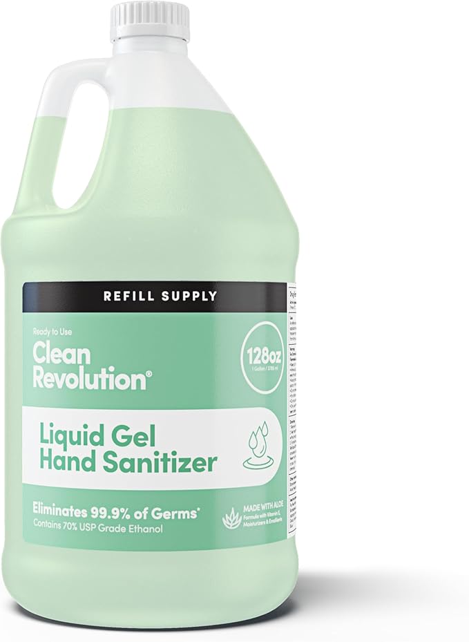 Clean Revolution Liquid Gel Hand Sanitizer 128 Fl. Oz Refill Supply Container| Eliminates 99.9% of Germs | Gentle &amp Aloe Enriched | 70% USP Medical Grade Ethanol Medical Facility Compliant