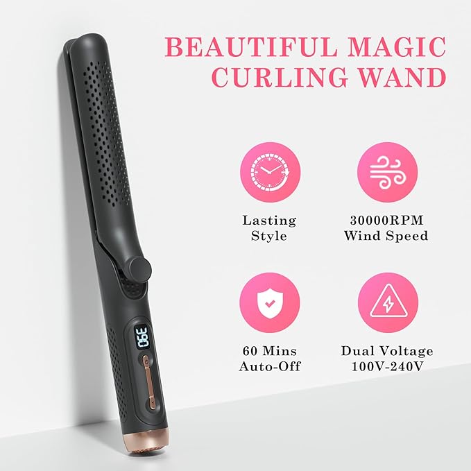 Hahahope Hair Straightener and Curler 2-in-1 360° Airflow Styler Curling Iron 1.25 Inch Curling Wand 20 Million Negative Ion Hair Care 5 Temps &amp Auto Off Dual Voltage (Black)