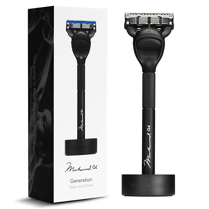 Bolin Webb Generation Razor &amp Stand - Luxury Razors for Men with Gillette Fusion 5 Blades Premium Aluminum Shaving Razor for Smooth Irritation-Free Shave Ideal Gift &amp Daily Grooming Set (Bl