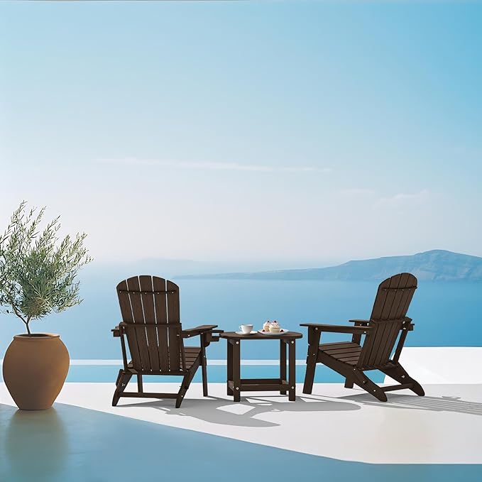 Plawdlik Folding Adirondack Chair SGS Tested Wooden Textured with Cup Holder Heavy All-Weather HDPE Comfortable Set Poolside Backyard Lawn Coffee