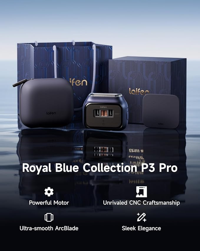 Laifen P3 Pro 3-Blade Electric Shaver Set – Includes P3 Pro Shaver Travel Pod &amp Non-Slip Pad Dual Linear Motors 12000 Cuts/Min 100-Min Runtime IPX7 Waterproof (Royal Blue)
