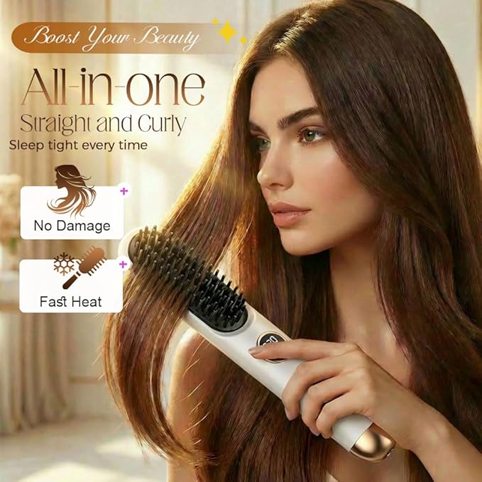 Cordless Hair Straightener Brush for Travel Portable 2-in-1 Straightening Brush with 9 Heat Settings Fast Heating Rechargeable Flat Iron Gift for Women (Blue)