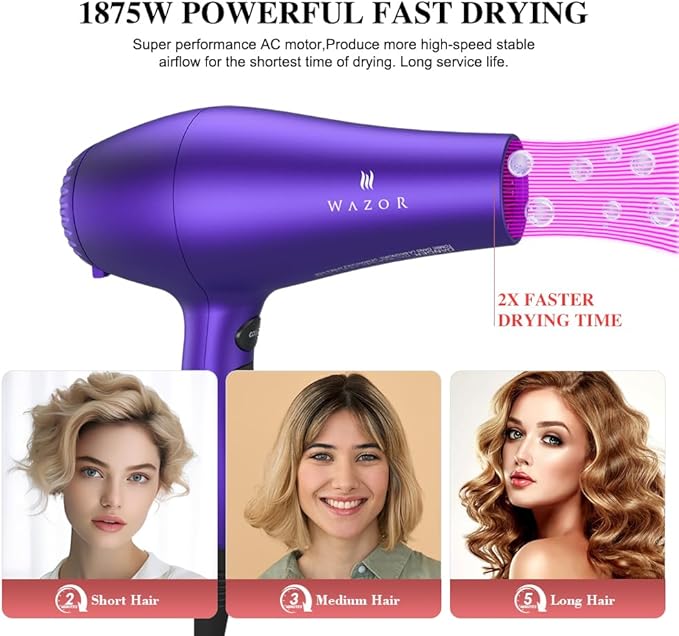 Powerful Hair Dryer- 1875W Professional Ionic Blow Dryer with 3 Attachments (Diffuser Nozzles Combs) 2 Speed 3 Heat Settings &amp Cool Shot Lightweight ALCI Safety Plug