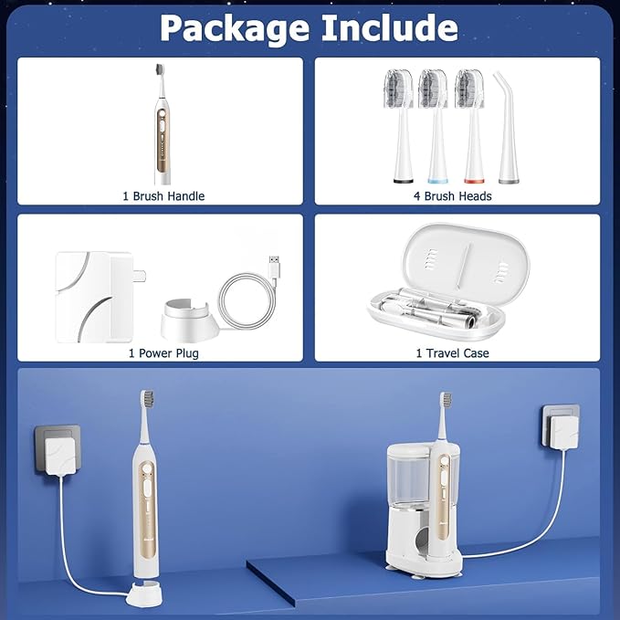 Electric Toothbrush with Water Flosser Upgraded 2.0 Electric Toothbrush for Adults 5 Floss Speeds &amp 3 Modes with 3 Brush + 1 Nozzle 500ML Tank IPX7 Waterproof for Braces &amp Gum Care - White