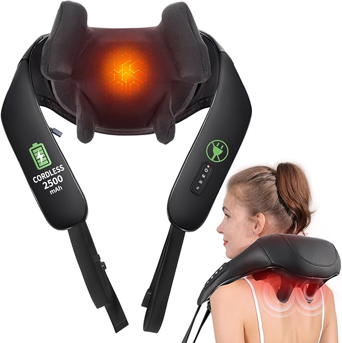 Cordless Shiatsu Neck and Back Massager with Heat 2500mAh Rechargeable Electric Deep Tissue 3D Kneading Massage Pillow for Shoulder Leg Body Muscle Pain Relief Gifts for Dad Mom Friends
