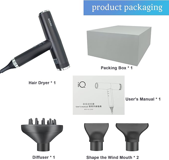 Professional Ionic Hair Dryer High-Speed 110000 RPM Low Noise Temperature Control Portable Negative Ionic Blow Dryer with Diffuser and Concentrator for Home Travel and Salon