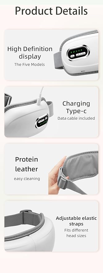 Eye Massager with Heat Rechargeable Music Function Adjustable Strap White and Gray Gifts for Business Women
