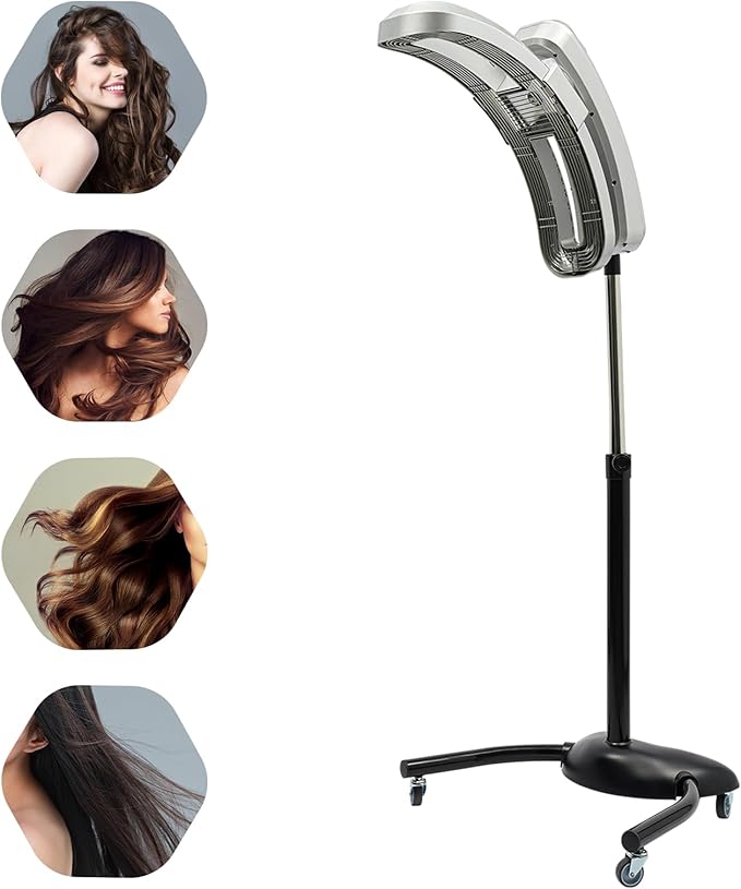 Silver Vertical Hairdressing Heater with Adjustable Angle (45°/90°/180°) Standing Hair Color Processor Cold Iron Hair Dryer on Wheels Temperature/Time Control for Salon and Home Use