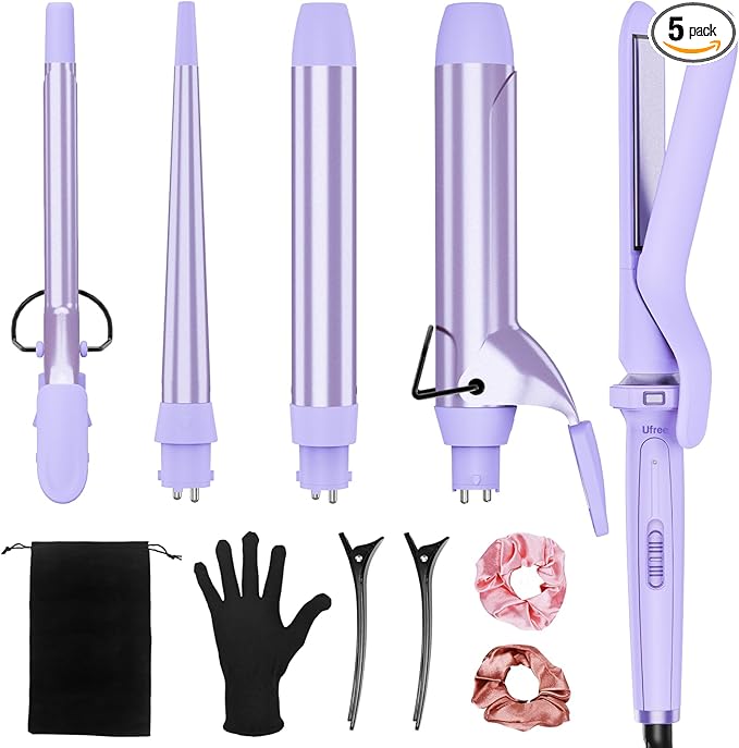 Birthday Gifts for Women Ufree 5 in 1 Curling Iron with Interchangeable Ceramic Barrels (0.35-1.25) Curling Wand Set with Flat Iron Hair Straightener Instant Heat Up Dual Voltage Hair Curler