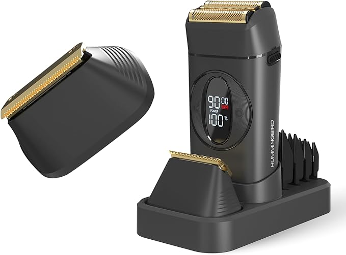 HUMMINGBIRD MK17 DualPro Foil Shaver &amp Beard Trimmer for Men – Gold Titanium Blades Digital Display Wet/Dry USB-C &amp Wireless Charging Dock with One Additional Trimmer Replacement Blade