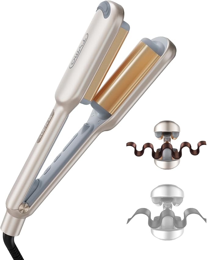 Curling Iron Hair Crimper Waver - TYMO ROVY Beach Waves Curling Wand Ionic Deep Waver Hair Curler Tool with Ceramic 3 Barrel for Women Dual Voltage Anti-Scald Easy to Use Elegant Gold 1 Inch