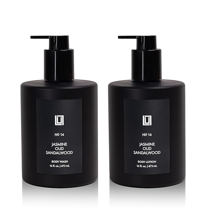Lulu Candles Jasmine Oud &amp Sandalwood Revitalizing Body Wash &amp Nourishing Body Lotion 2-Piece Set Full Size - 16 Fl Oz.