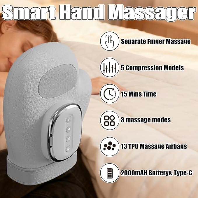 Hand Massager with Heat and Compression 3 Massages 3 Temps 5 Compression Models Therapy Hand Massager for Carpal Tunnel Helps Soothe Hand Fatigue Gifts for Women/Men(Grey)
