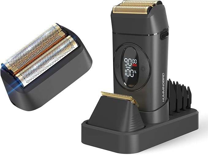 HUMMINGBIRD MK17 DualPro Foil Shaver &amp Beard Trimmer for Men – Gold Titanium Blades Digital Display Wet/Dry USB-C &amp Wireless Charging Dock with One Additional Foil Replacement Blade
