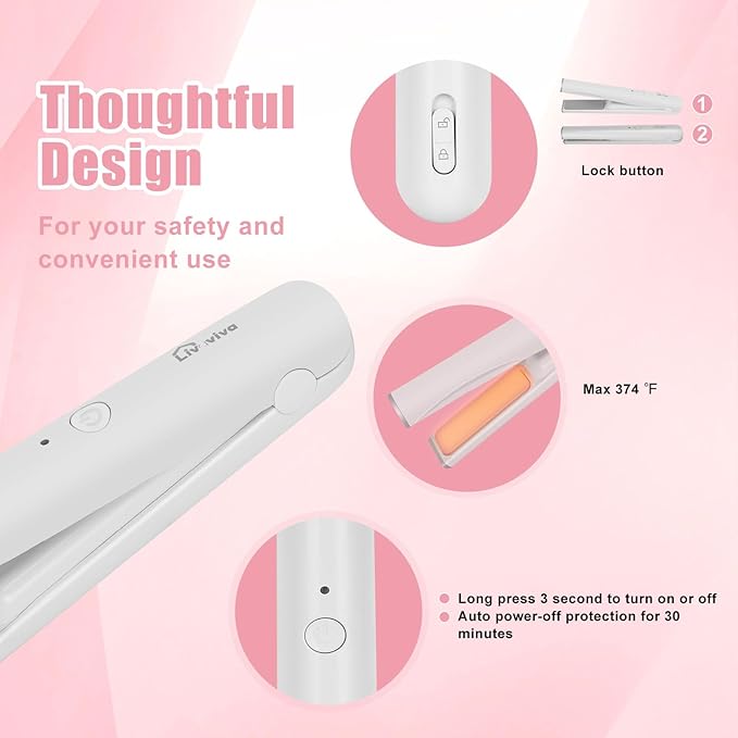 Mini Portable Cordless Hair StraightenerUSB RechargeableRapid Heating can Work continuously for 40 MinutesWireless Curling Iron for Travel (White)