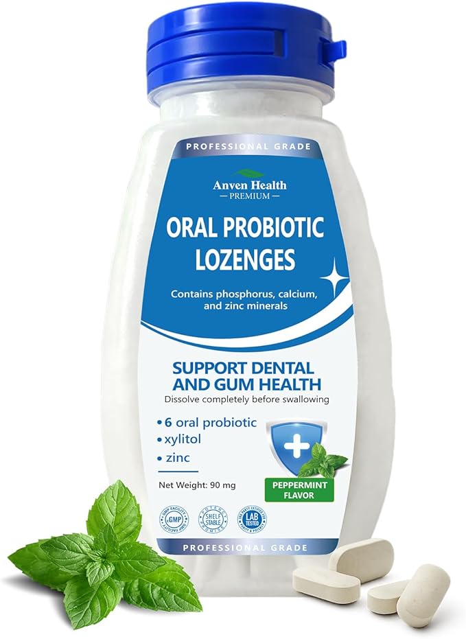 Oral Probiotics Lozenges for Mouth Bad Breath &amp Gum Repair - Mineral Fusion with Zinc + Calcium for Dry Mouth Relief Enamel Shield Mint Flavor with Xylitol - 180 Lozenges Sugar-Free