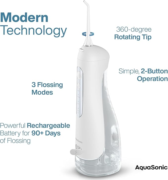 AquaSonic Aqua Flosser PRO - Rechargeable Electric Cordless Water Flosser for Teeth Gums &amp Tongue - Waterproof Modern Design 300ml Large Tank 3 Modes 6 Jet Tips Deluxe Tongue Nozzle - Optic W