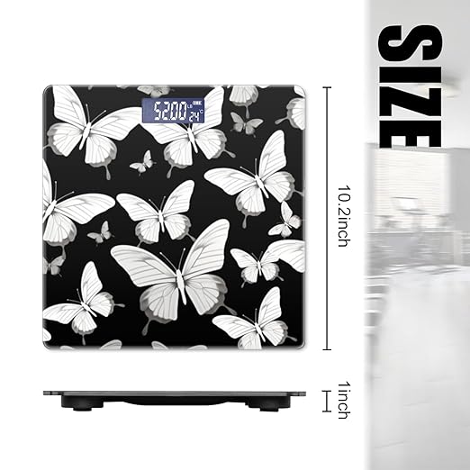 Digital Scale for Body Weight Highly Precision Bathroom Weight Scale 400 lbs with Backlit Display Personalized Scale for Home-White Butterflies On Black Background