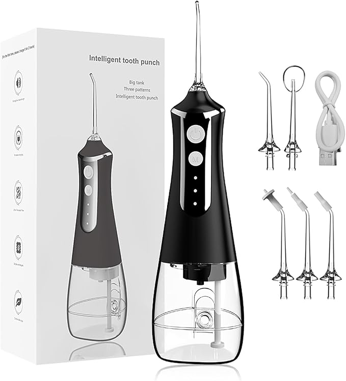 Portable Flosser Ipx7 Waterproof 300 Ml Electric Water Flosser with 5 Nozzles Portable Flosser for Home Use Dentistry for Travel and Home Use (Color : Black)