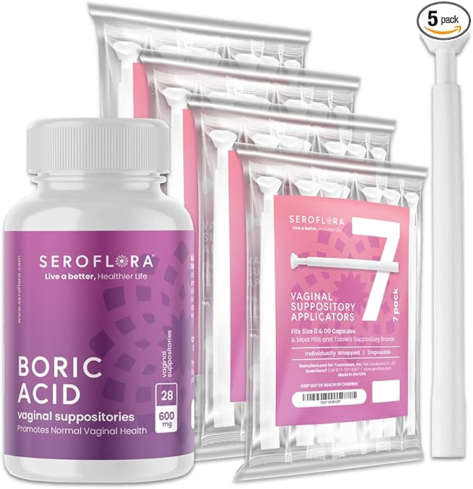 Seroflora Boric Acid 600mg Feminine Capsules Feminine pH Support Intimate Freshness for Women Fast-Dissolving Capsules (30 Count) with Applicators (28 Count)