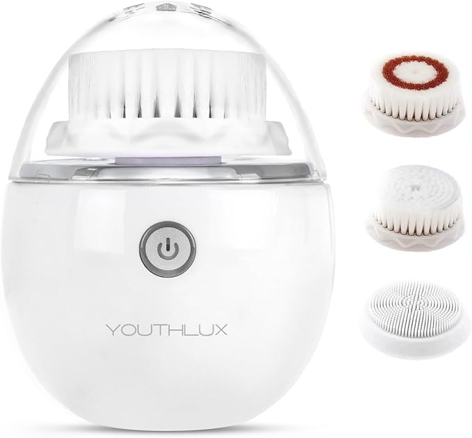 YouthLab Pure Radiance Vibrating Facial Cleansing Brush Electric 3 Modes 3 Brush Heads (2 Bristle1 Silicone) Waterproof Rechargeable Smart Timer Exfoliating Massage (Silver)