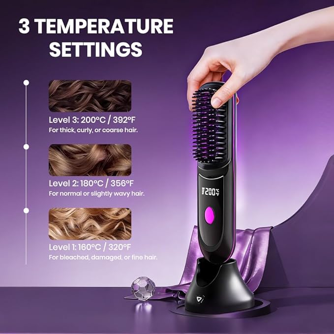 2026 Cordless Hair Straightener Brush200 Million Negative Ionic Portable Hair Straightener Comb for Womenwith LED Display20S Fast HeatingHair Brushs for Travel (Black)
