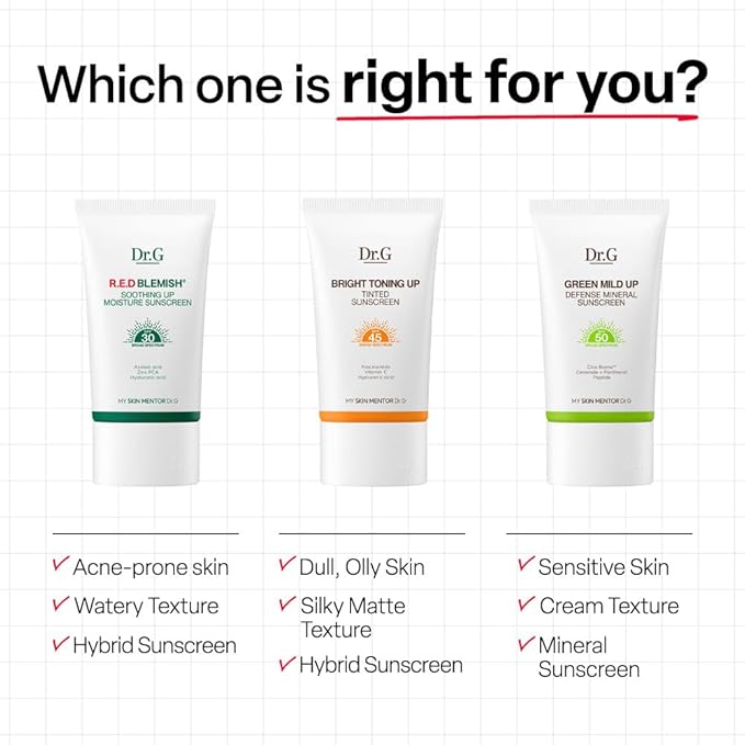 Dr. G R.E.D. Blemish Soothing Up Moisture Sunscreen - Korean Sunscreen with No White Cast - Broad Spectrum SPF for Sensitive Skin - Non-Greasy - With Hyaluronic &amp Azelaic Acid - 1.69 fl oz