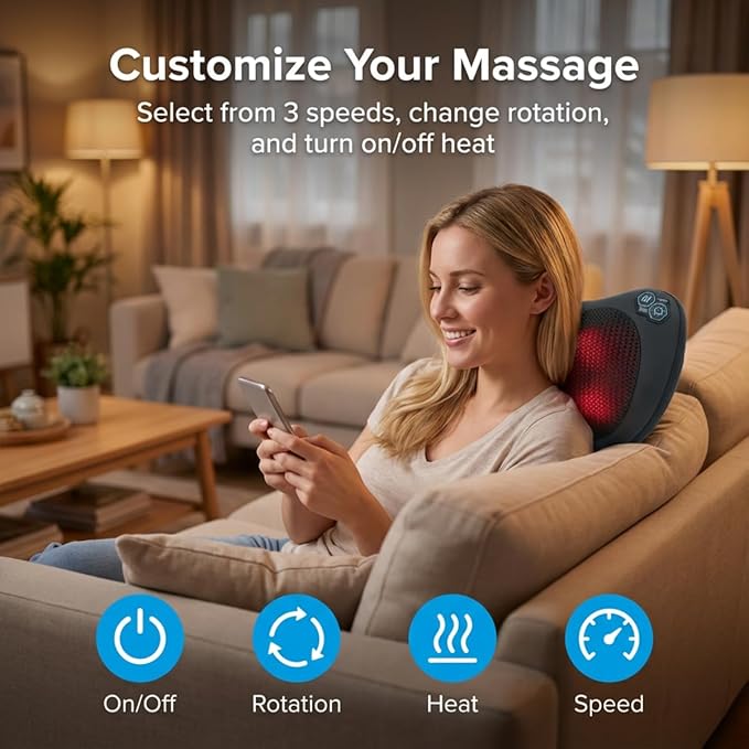 MLVOC Neck Massager &amp Back Massager with Heat - Portable 3-Speed Shiatsu Massage Pillow for Body Relief 37°C Thermal Therapy Rechargeable 2000mAh Battery for Home/Car/Office/Travel Use