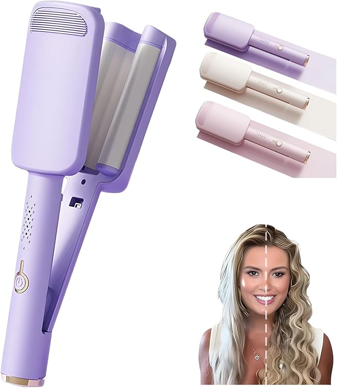 Hair Waver Crimper Ceramic Curling Iron Hair Crimper Waver 3 Barrel Beach Waves Curling Wand Anti-Scald Ionic Deep Waver Hair Curler Tool for Women Fast Heating 4 Temp (Purple)