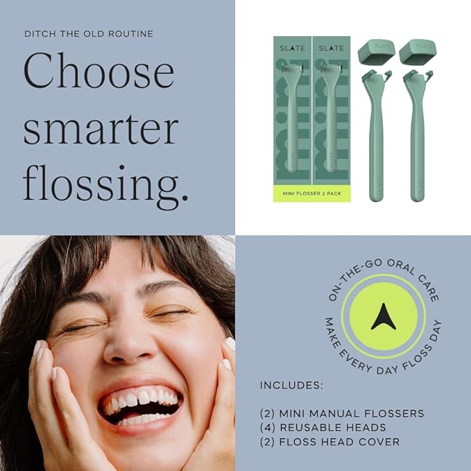Slate Flosser Mini - Reusable Floss Pick with Gum Brush &amp Tongue Scraper Dentist-Invented PFAS/PTFE-Free Travel-Ready | Mint Nano-Hydroxyapatite (nHa) Mini Flosser 2-Pack