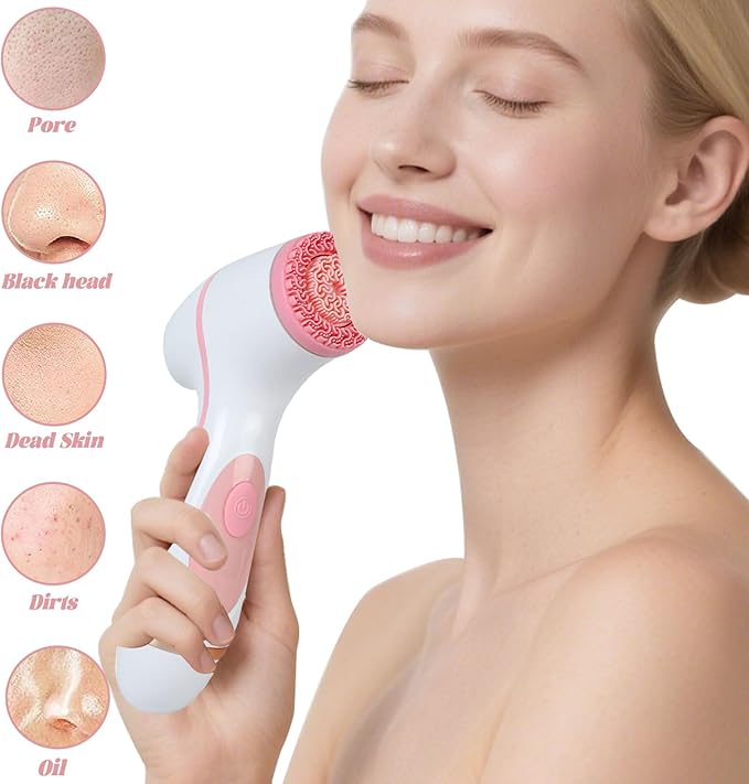 Facial Cleansing Brush 3in1 Silicone Face Scrubber Waterproof Facial Scrubber for Deep Cleansing Rechargeable Face Exfoliation Brush with 2 Adjustable Speeds Face Spin Brush for Women Men (Pink)
