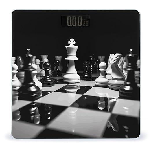 Black and White Chess Scale for Body Weight Safe Rounded Corners Tempered Glass Digital Bathroom Scale LED Display 400lb Capacity Weight Scales with High Precision Sensors