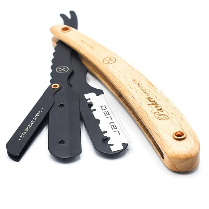 Parker SRP Pine Wood Handle Straight Edge Barber Razor – Stainless Steel Clip‑Type Straight Razor 5 Premium Half DE Blades Included