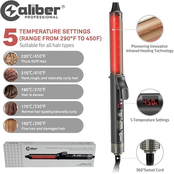 Caliber Lumina Heat Professional Infrared Curling Iron with Digital Temperature Control 3 Sizes (1-1/4 (32mm))
