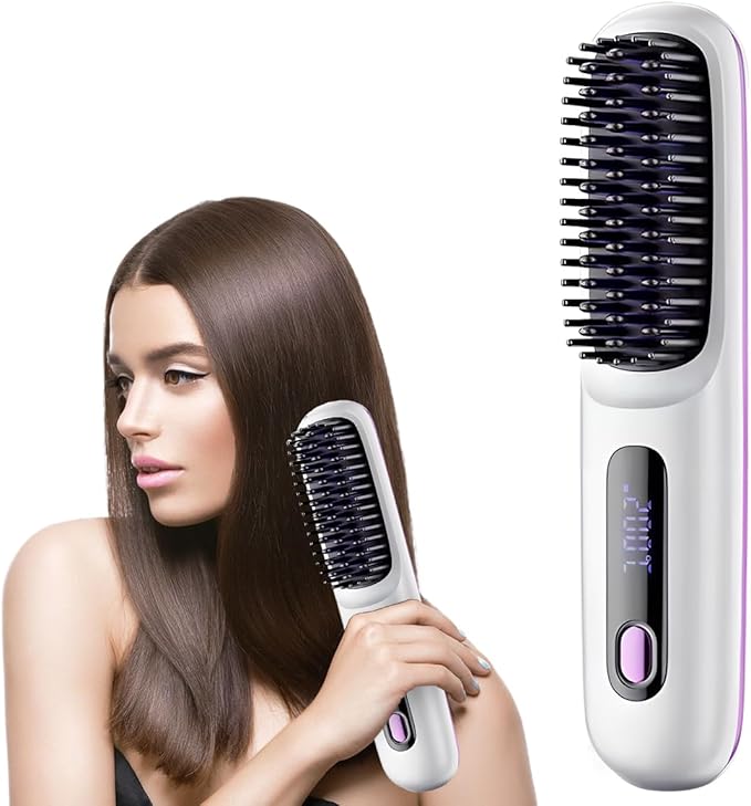 Cordless Hair Straightener Brush Portable Straightener Brush with LCD Temperature Display Fast Heating Cordless Hair Straightener Brushs for Daily Use and Travel (White)