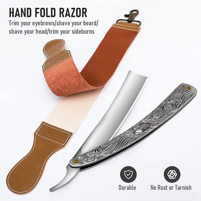 Professional Straight Razor with First Layer Cowhide Strop - Straight Edge Barber Razor Premium Stainless Steel Shaver Razor for Men Home &amp Salon Grooming Using