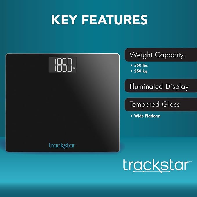 Trackstar Wide-Platform Black Digital Weight Scale | 550 lb Weight Capacity | Trackstar Monitoring App | Bluetooth iOS &amp Android Compatible | Measure Track and Share Results