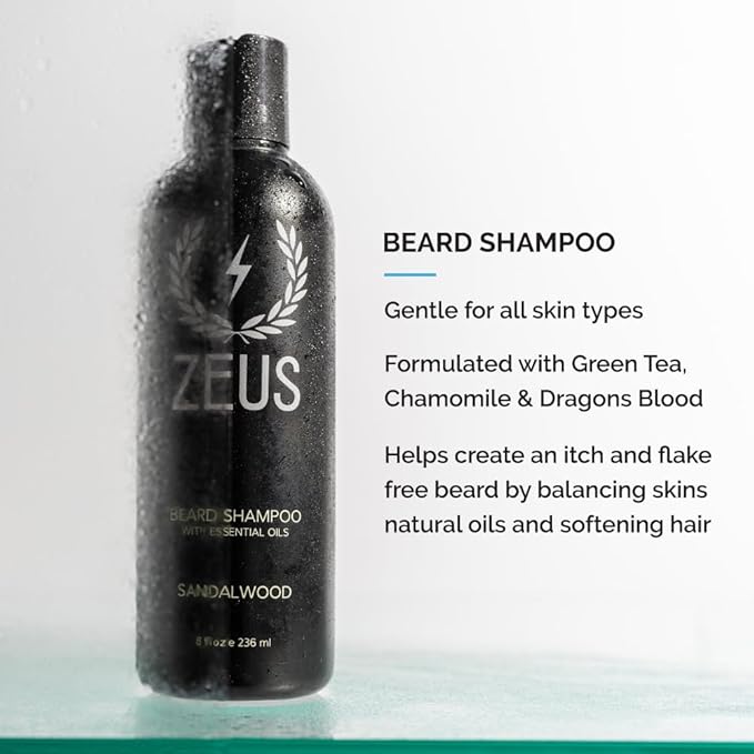 ZEUS Starter Beard Wash &amp Beard Oil Kit for Men Softens Hydrates &amp Moisturizes Facial Hair Promotes Healthy Growth &amp Shine (Made In USA) Sandalwood