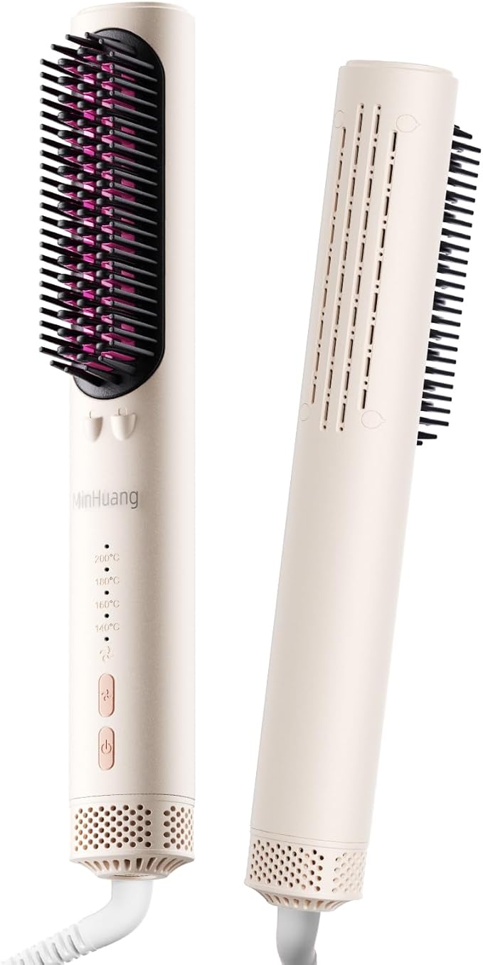 3 in 1 Ionic Hair Straightener Brush with Cool Air Technology Fast Heating Comb Volumizer Anti-Scald with 4 Adjustable Heat Settings Dual Voltage Styling Tool for WomenPink